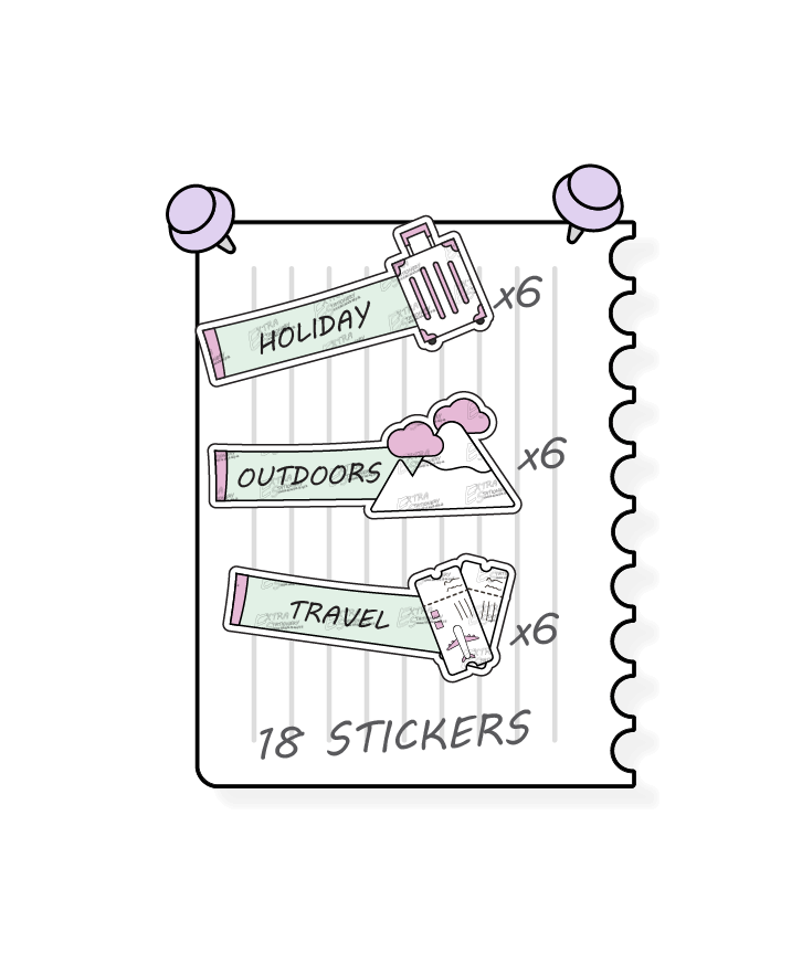 Minty blush, planner stickers enhance holiday and outdoor experiences, featuring stickers for marking vacation and celebration plans with holiday planner stickers, planning outdoor activities and adventures with outdoors stickers, and efficiently organizing travel plans and itineraries with dedicated travel planner stickers.