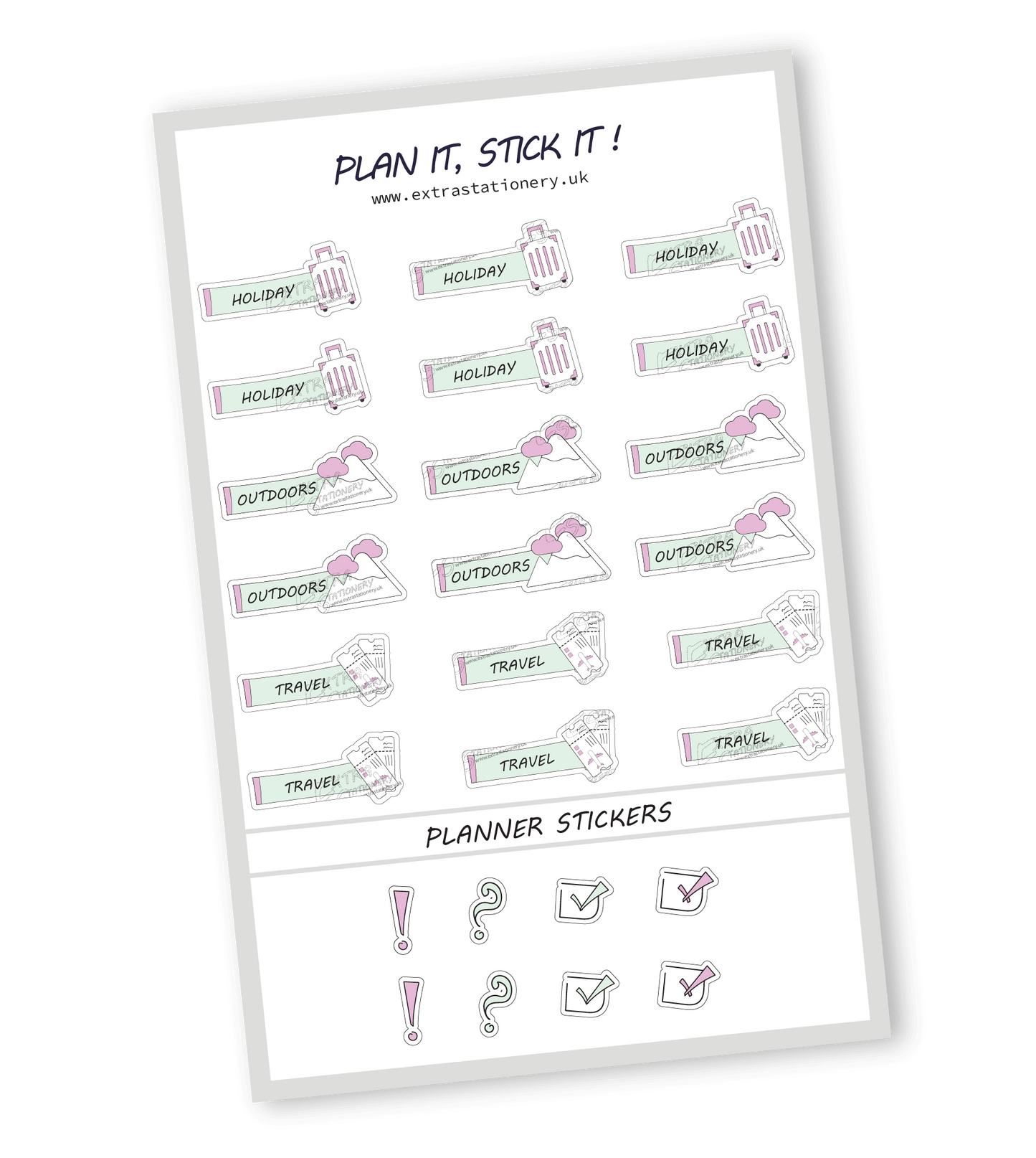 Minty Blush color, Adventurethemed planner sticker sheet with holiday, outdoors, and travel stickers  18 stickers in total (6 of each type)