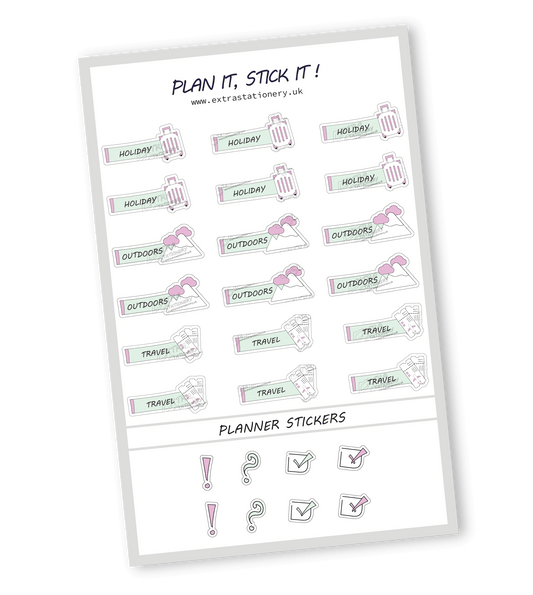 Minty Blush color, Adventurethemed planner sticker sheet with holiday, outdoors, and travel stickers  18 stickers in total (6 of each type)