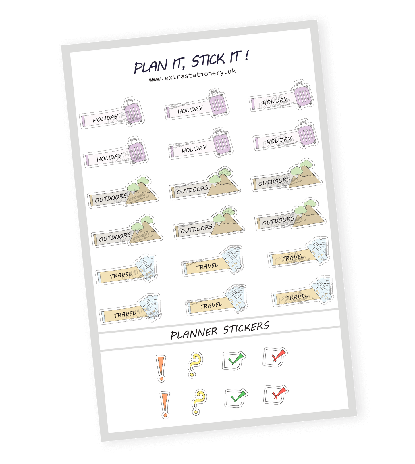 Adventure-themed planner sticker sheet with holiday, outdoors, and travel stickers - 18 stickers in total (6 of each type)