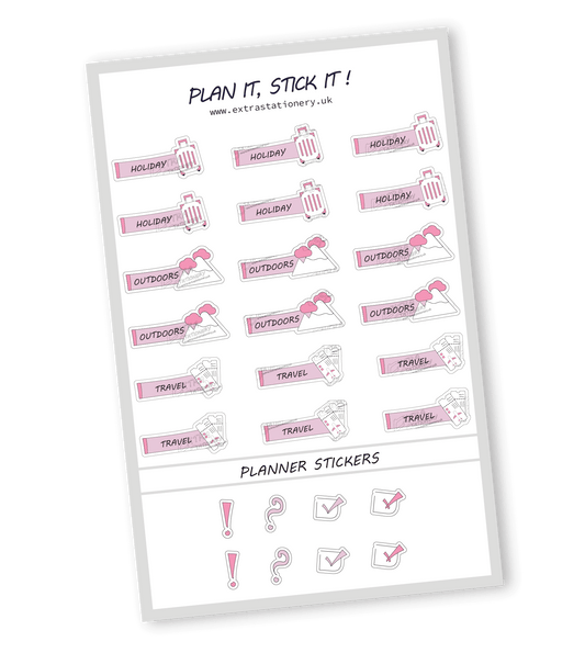 Rose Fusion color, Adventure-themed planner sticker sheet with holiday, outdoors, and travel stickers - 18 stickers in total (6 of each type)