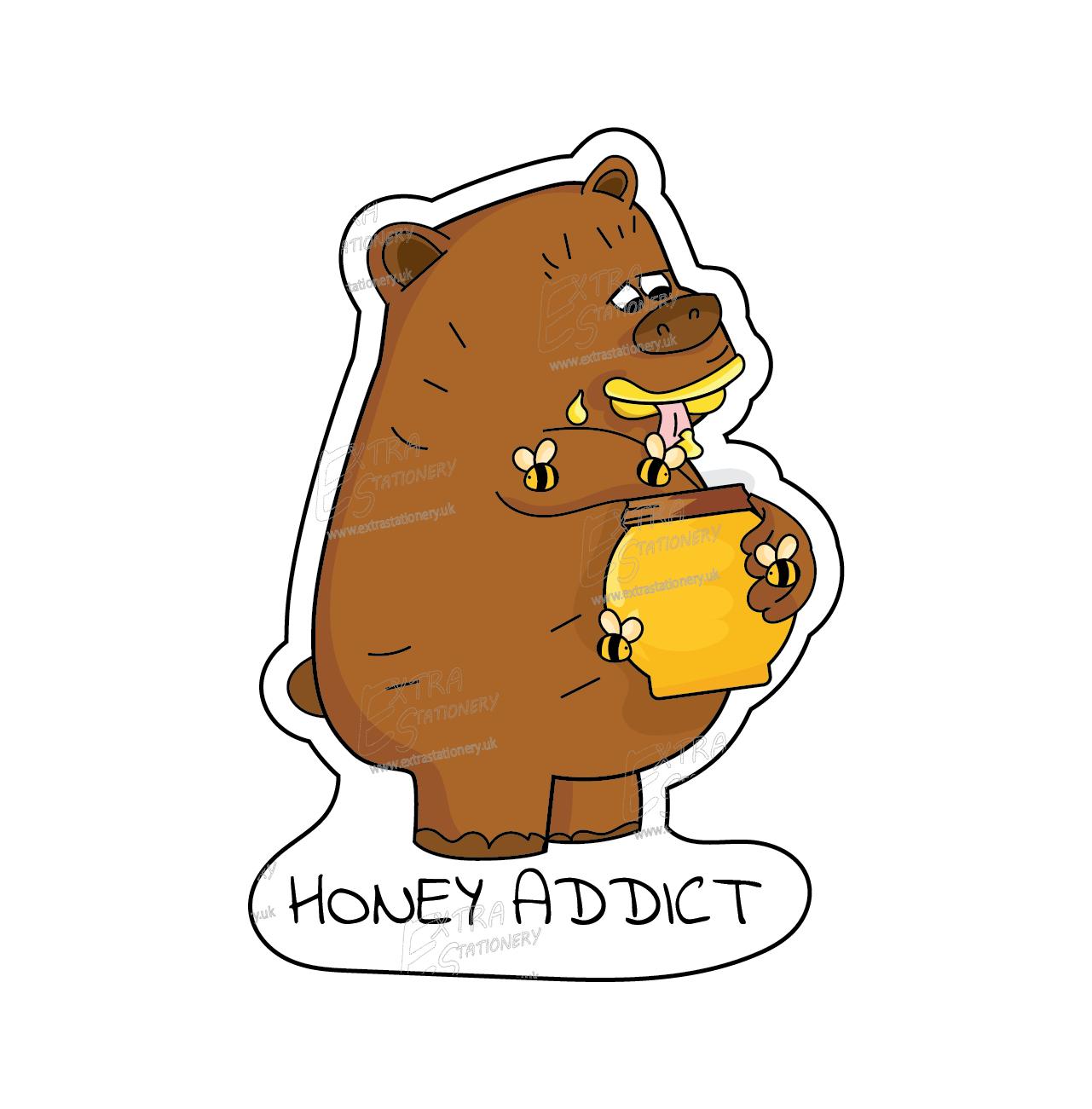 A sticker of a cute big bear eating honey from a pot surrounded by small cute bees, with the text 'Honey Addict,' symbolizing joy and nature's sweetness.