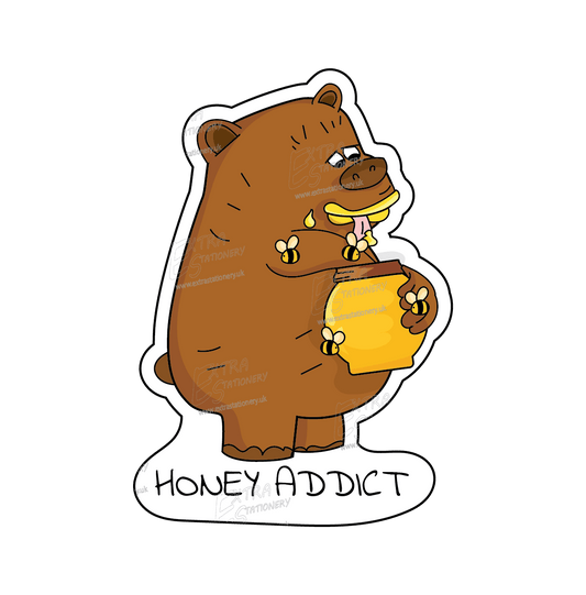 A sticker of a cute big bear eating honey from a pot surrounded by small cute bees, with the text 'Honey Addict,' symbolizing joy and nature's sweetness.