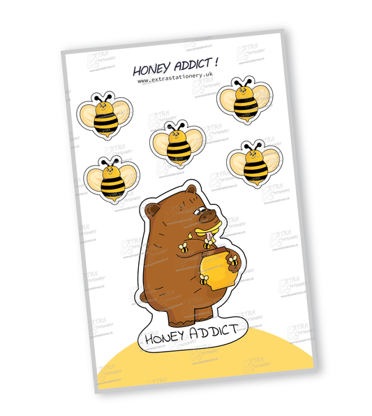 A sticker of a cute big bear eating honey from a pot surrounded by small cute bees, with the text 'Honey Addict,' symbolizing joy and nature's sweetness.