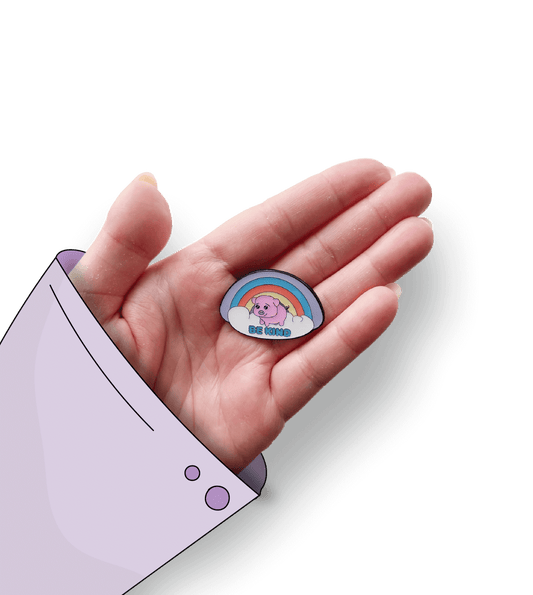 Kindness Piggy Enamel Pin - An endearing enamel pin featuring a cute piggy holding a rainbow with 'Be Kind' below, perfect for spreading positivity and promoting kindness.