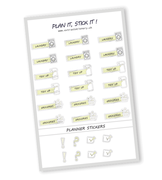 Lime Radiance color, Home organization planner sticker sheet with laundry, tidy up, and groceries stickers - 18 stickers in total (6 of each type)