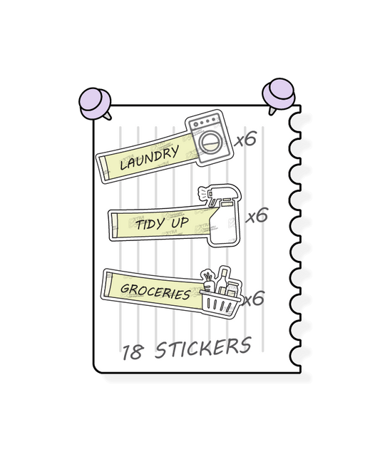 Lime radiance planner stickers provide practical solutions for household tasks, including managing laundry tasks and routines with laundry stickers, organizing and decluttering spaces with tidy up stickers, and planning and organizing shopping lists for groceries with dedicated planner stickers.