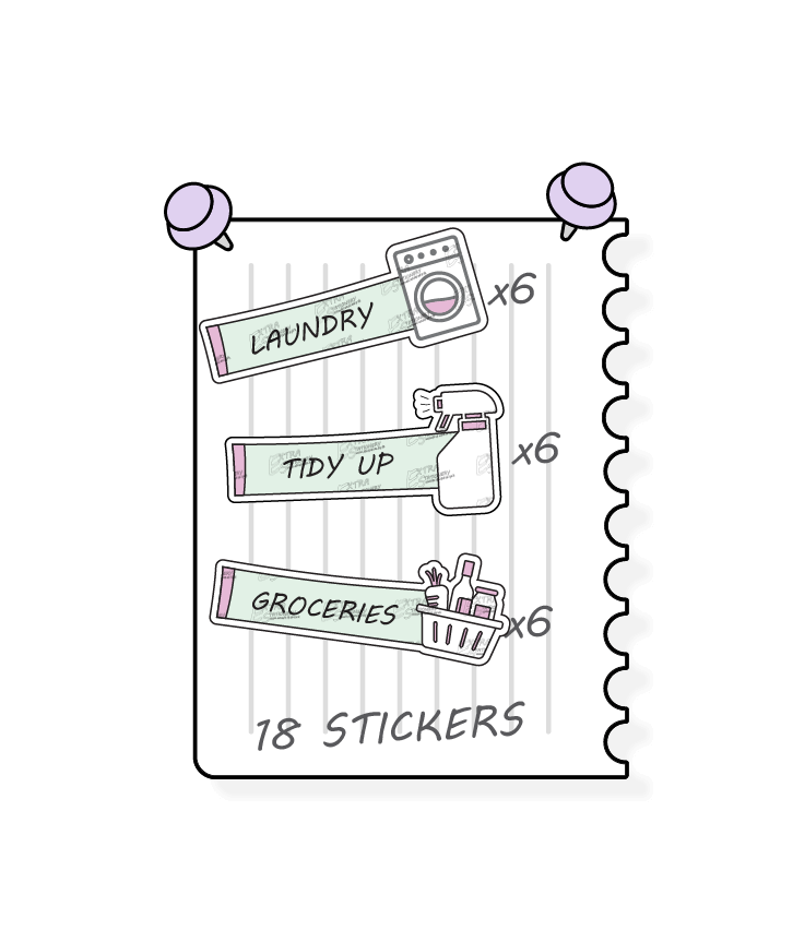 Minty blush, planner stickers provide practical solutions for household tasks, including managing laundry tasks and routines with laundry stickers, organizing and decluttering spaces with tidy up stickers, and planning and organizing shopping lists for groceries with dedicated planner stickers.