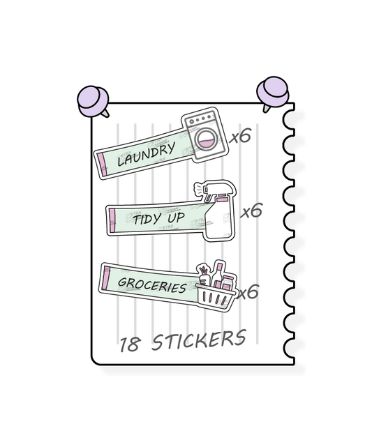 Minty blush, planner stickers provide practical solutions for household tasks, including managing laundry tasks and routines with laundry stickers, organizing and decluttering spaces with tidy up stickers, and planning and organizing shopping lists for groceries with dedicated planner stickers.