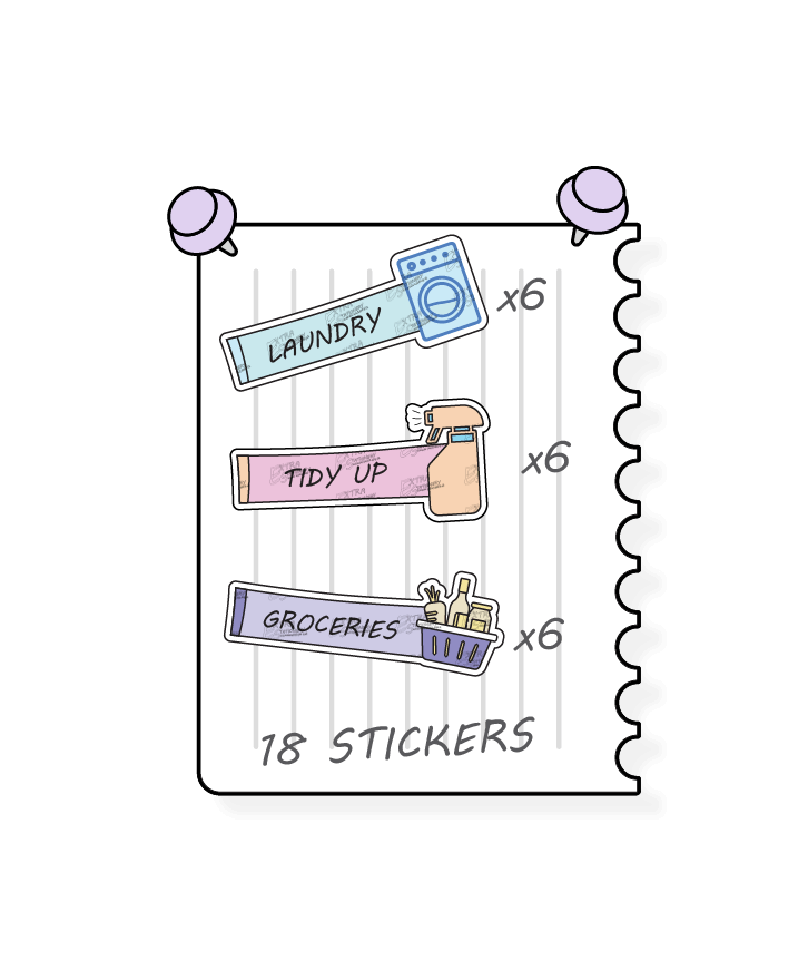  Multicolored planner stickers provide practical solutions for household tasks, including managing laundry tasks and routines with laundry stickers, organizing and decluttering spaces with tidy up stickers, and planning and organizing shopping lists for groceries with dedicated planner stickers.