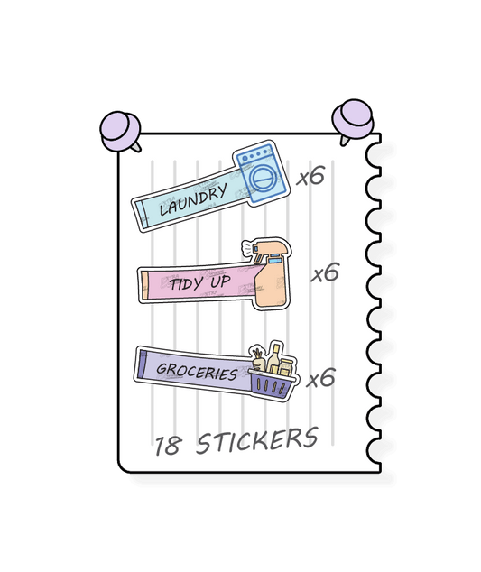  Multicolored planner stickers provide practical solutions for household tasks, including managing laundry tasks and routines with laundry stickers, organizing and decluttering spaces with tidy up stickers, and planning and organizing shopping lists for groceries with dedicated planner stickers.