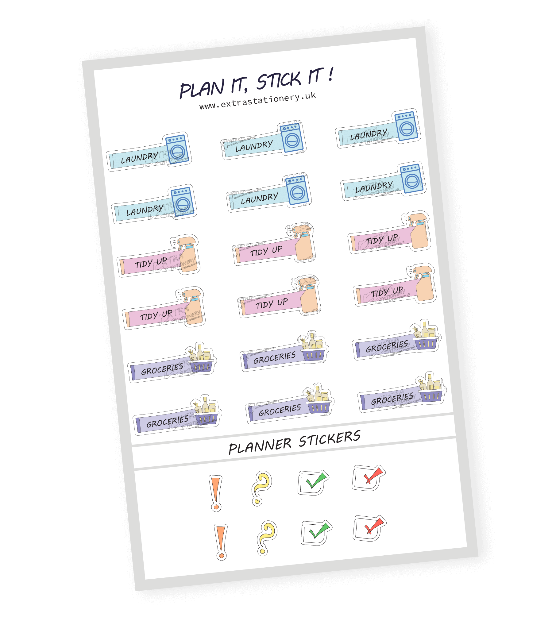 Home organization planner sticker sheet with laundry, tidy up, and groceries stickers - 18 stickers in total (6 of each type)