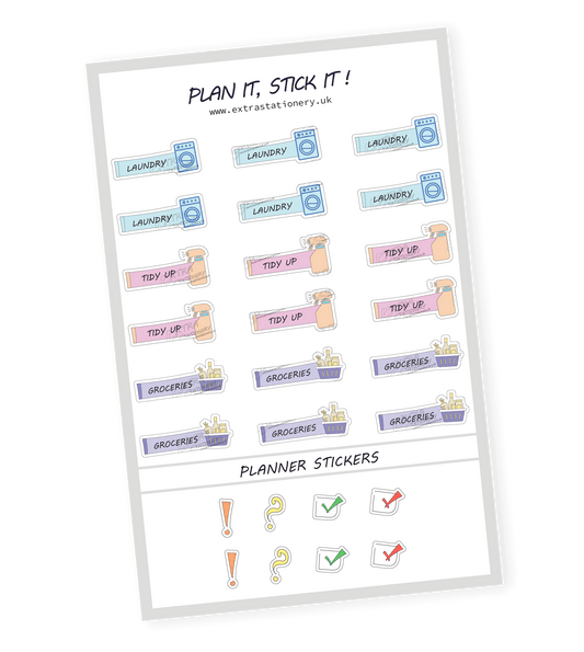 Home organization planner sticker sheet with laundry, tidy up, and groceries stickers - 18 stickers in total (6 of each type)