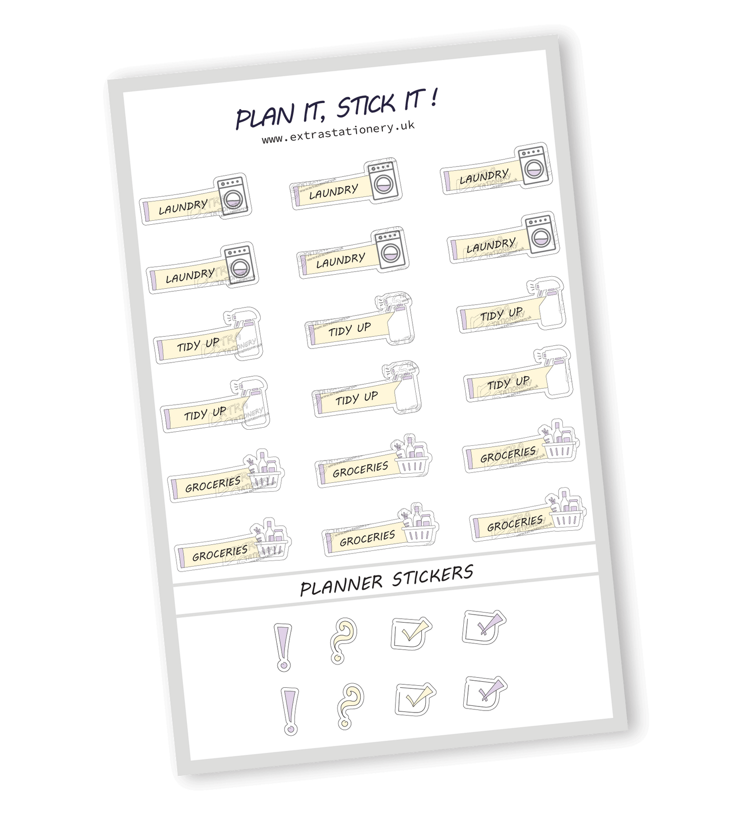 Sunshine Lilac color, Home organization planner sticker sheet with laundry, tidy up, and groceries stickers  18 stickers in total (6 of each type)