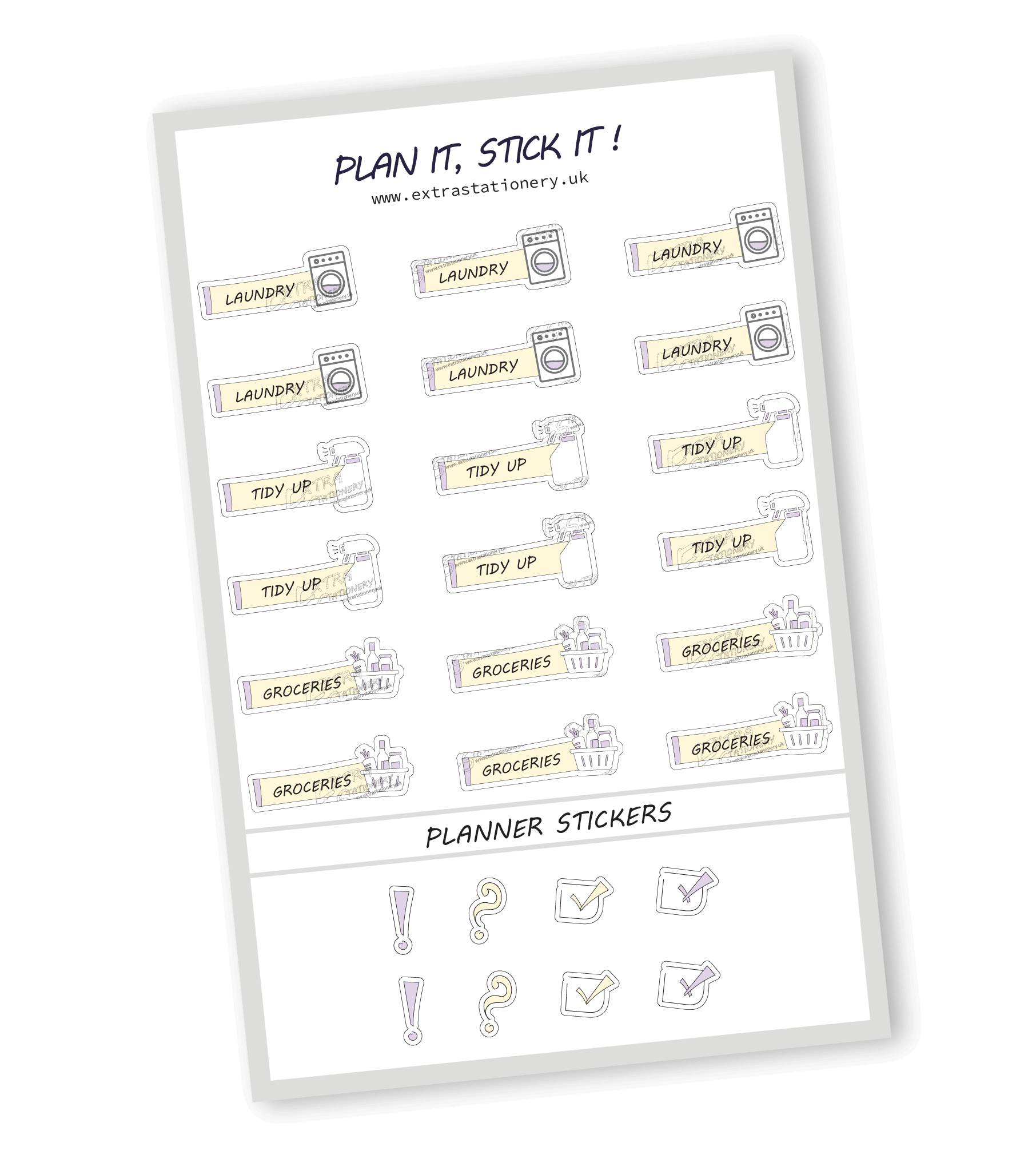 Sunshine Lilac color, Home organization planner sticker sheet with laundry, tidy up, and groceries stickers  18 stickers in total (6 of each type)