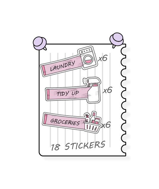 Rose fusion planner stickers provide practical solutions for household tasks, including managing laundry tasks and routines with laundry stickers, organizing and decluttering spaces with tidy up stickers, and planning and organizing shopping lists for groceries with dedicated planner stickers.