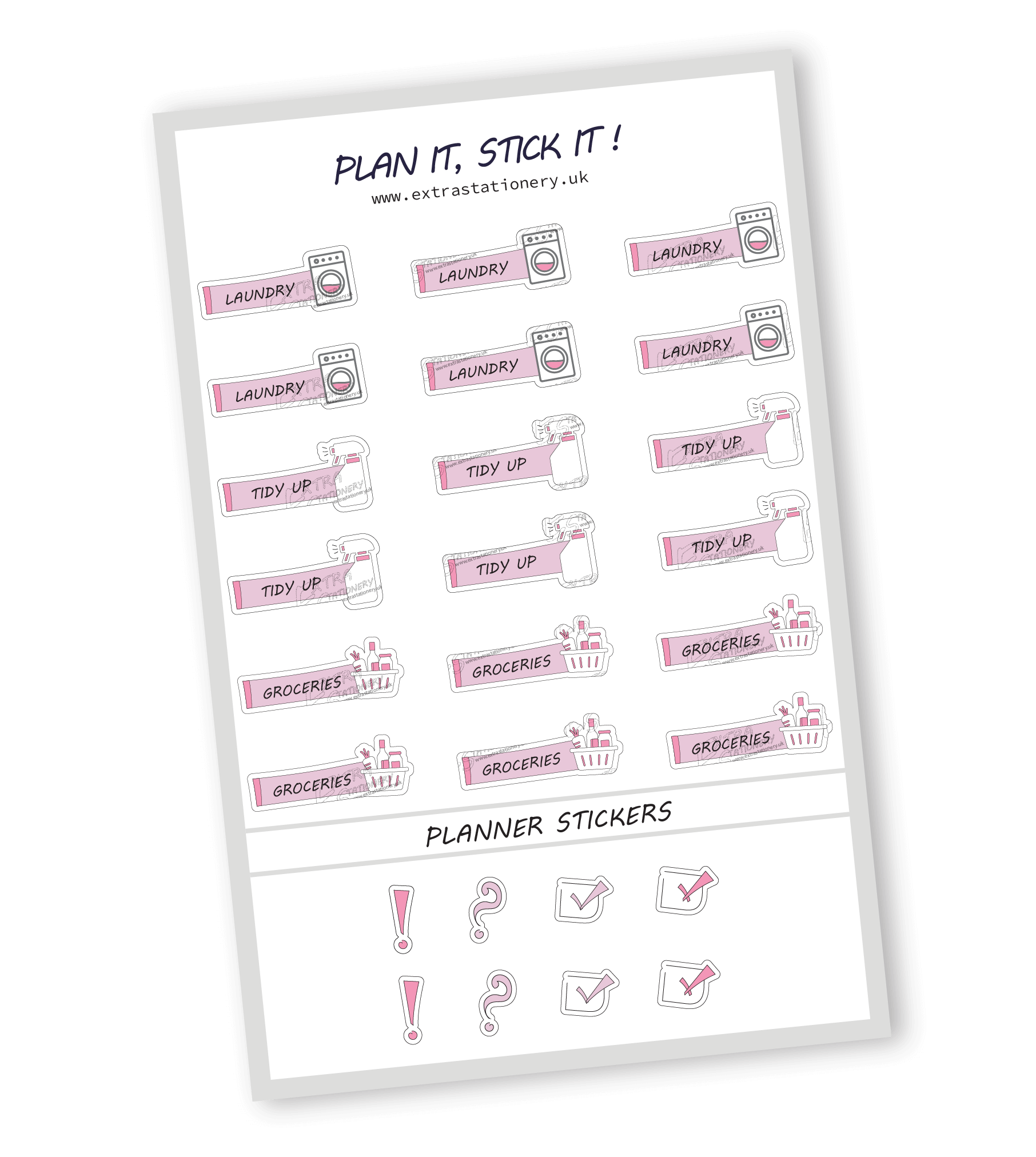 Rose Fusion color, Home organization planner sticker sheet with laundry, tidy up, and groceries stickers - 18 stickers in total (6 of each type)