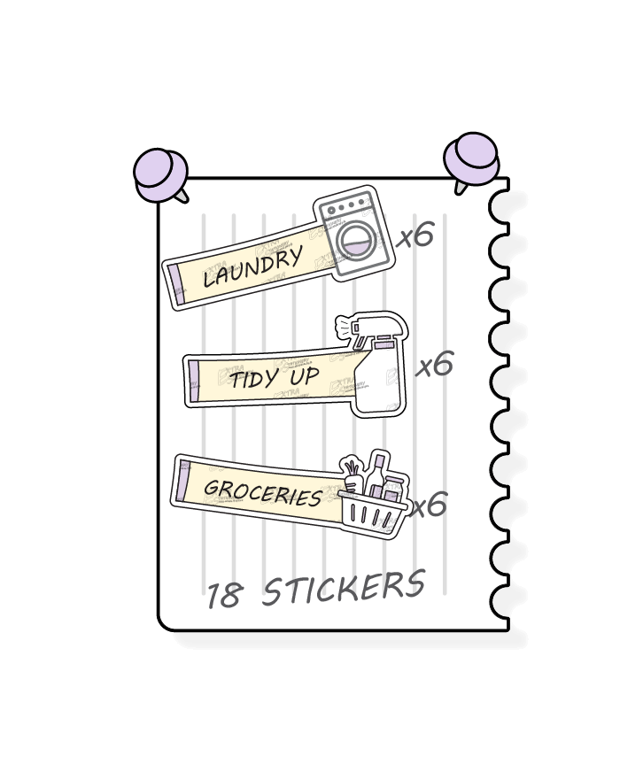 Sunshine lilac, planner stickers provide practical solutions for household tasks, including managing laundry tasks and routines with laundry stickers, organizing and decluttering spaces with tidy up stickers, and planning and organizing shopping lists for groceries with dedicated planner stickers.