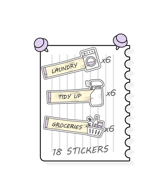 Sunshine lilac, planner stickers provide practical solutions for household tasks, including managing laundry tasks and routines with laundry stickers, organizing and decluttering spaces with tidy up stickers, and planning and organizing shopping lists for groceries with dedicated planner stickers.