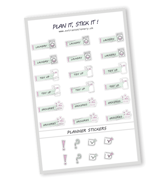 Minty Blush color, Home organization planner sticker sheet with laundry, tidy up, and groceries stickers  18 stickers in total (6 of each type)