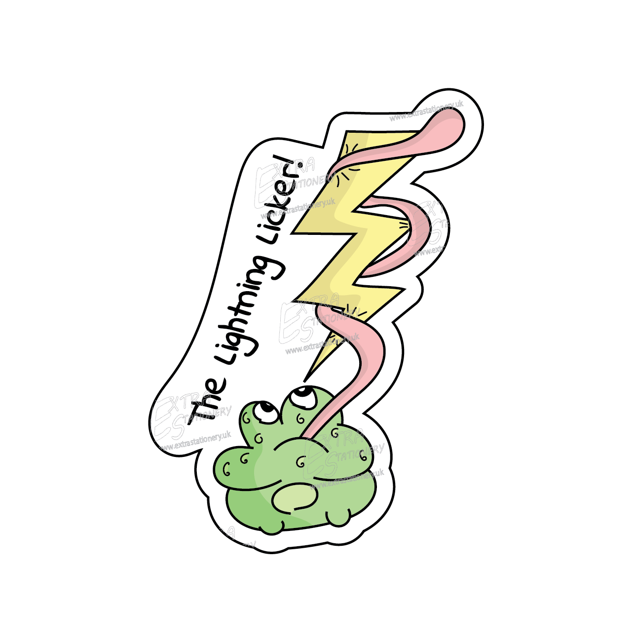 A sticker of a cute, funny frog with its tongue wrapped around a lightning bolt, dubbed 'The Lightning Licker,' showcasing a blend of humor and adventure.