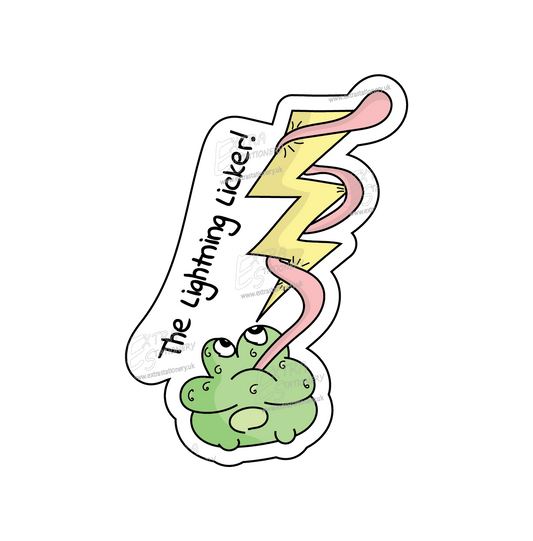 A sticker of a cute, funny frog with its tongue wrapped around a lightning bolt, dubbed 'The Lightning Licker,' showcasing a blend of humor and adventure.