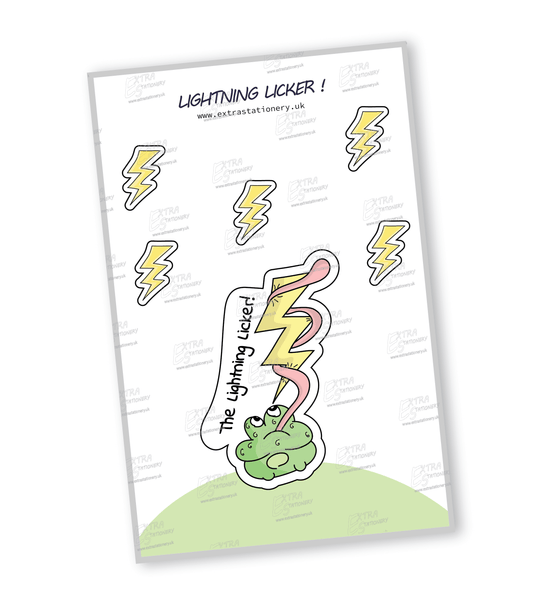 A sticker of a cute, funny frog with its tongue wrapped around a lightning bolt, dubbed 'The Lightning Licker,' showcasing a blend of humor and adventure.