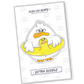 Sticker of a cute chubby duck inside an inflatable duck water circle, evoking the spirit of travel and exploration.