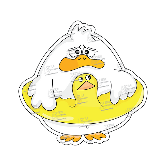 Sticker of a cute chubby duck inside an inflatable duck water circle, evoking the spirit of travel and exploration.