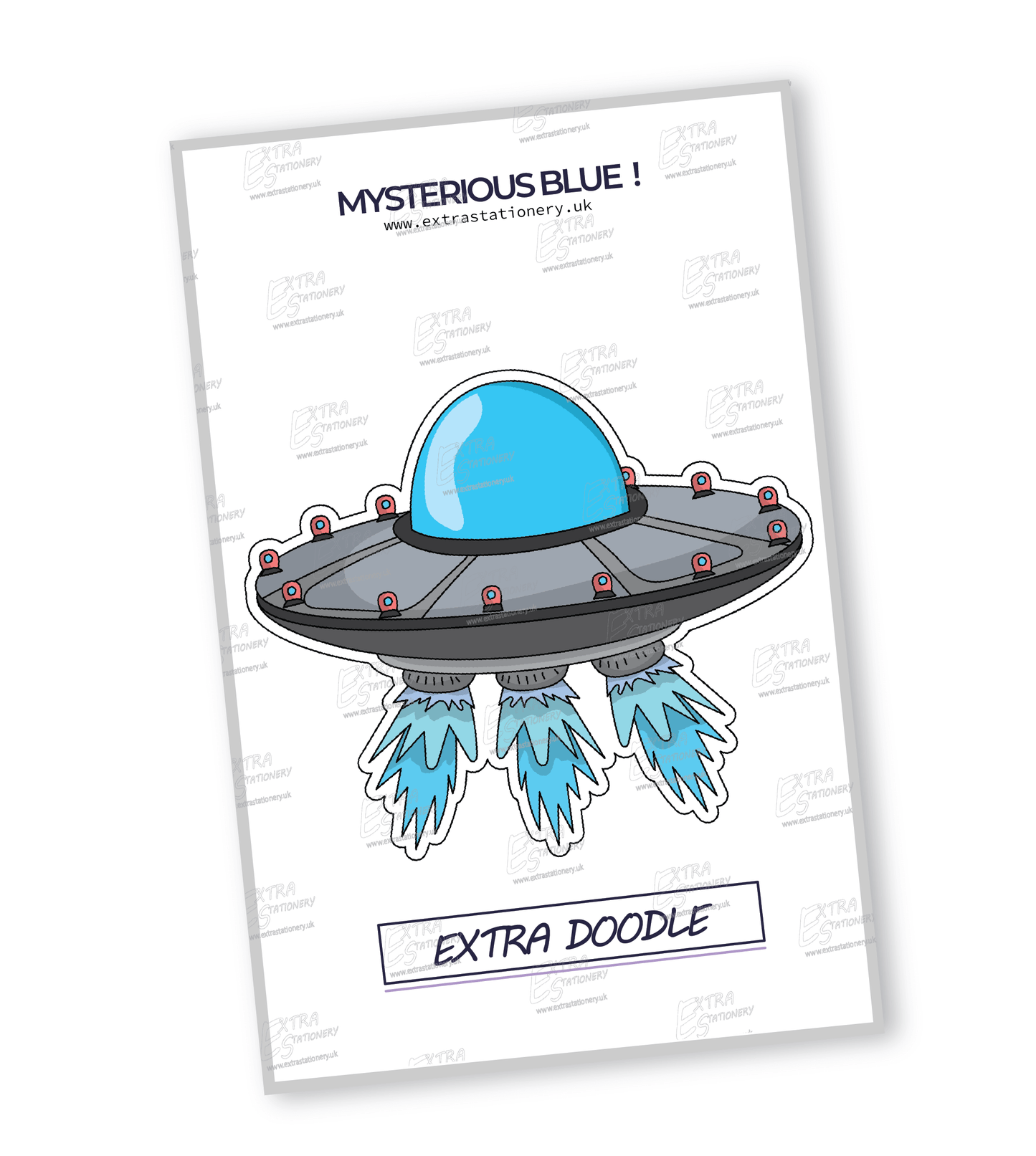 Sticker of a mysterious blue spaceship with concealed occupants, emanating blue flames and adorned with red lights, exuding an aura of cosmic marvel and intrigue.