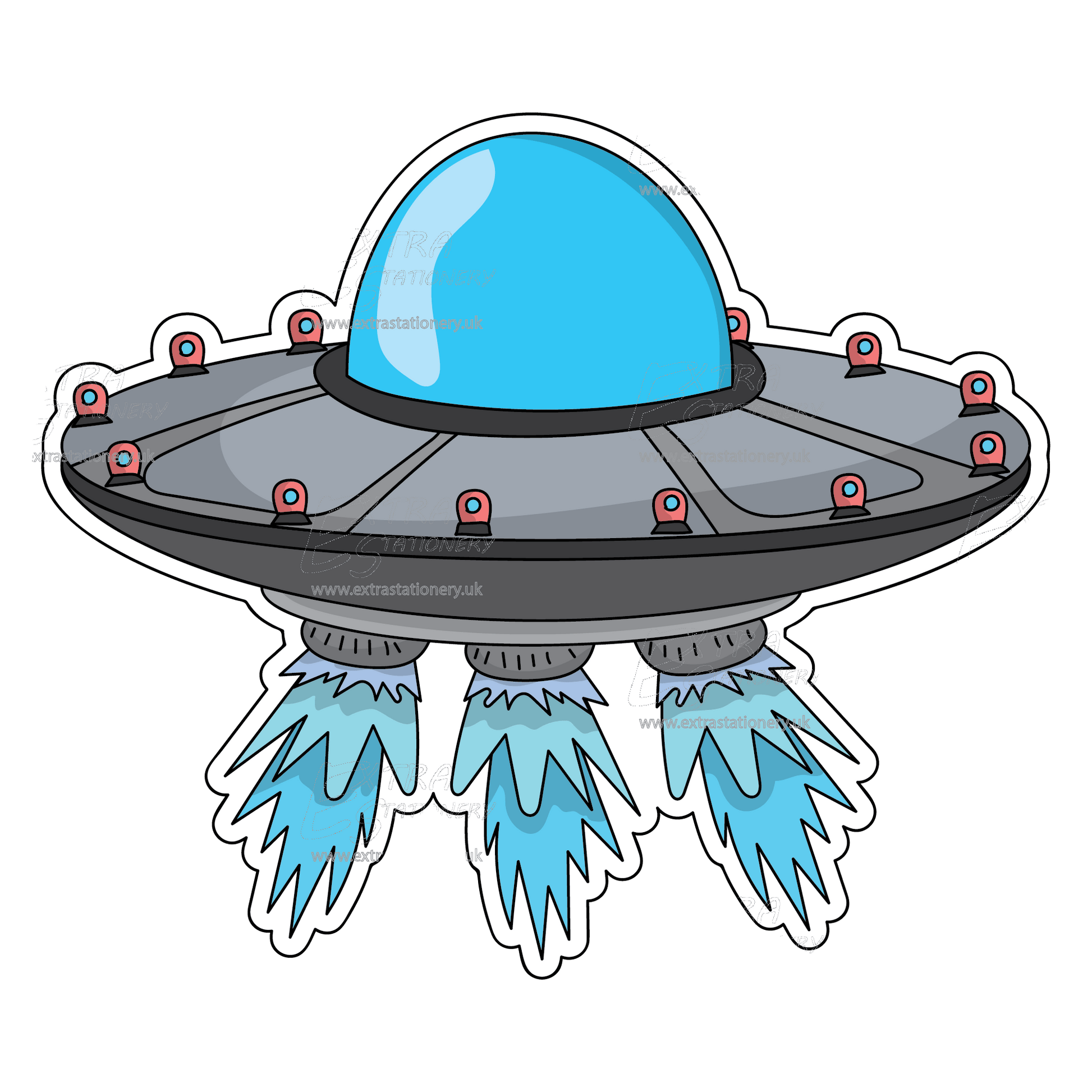 Sticker of a mysterious blue spaceship with concealed occupants, emanating blue flames and adorned with red lights, exuding an aura of cosmic marvel and intrigue.