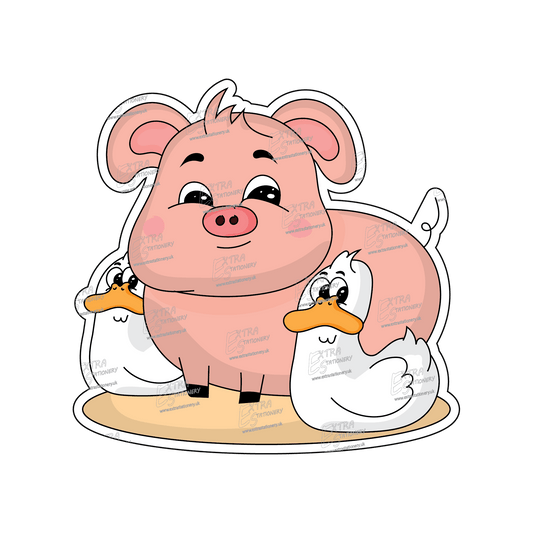 Sticker, a piggy and two duck friends enjoying a hangout on a charming farm