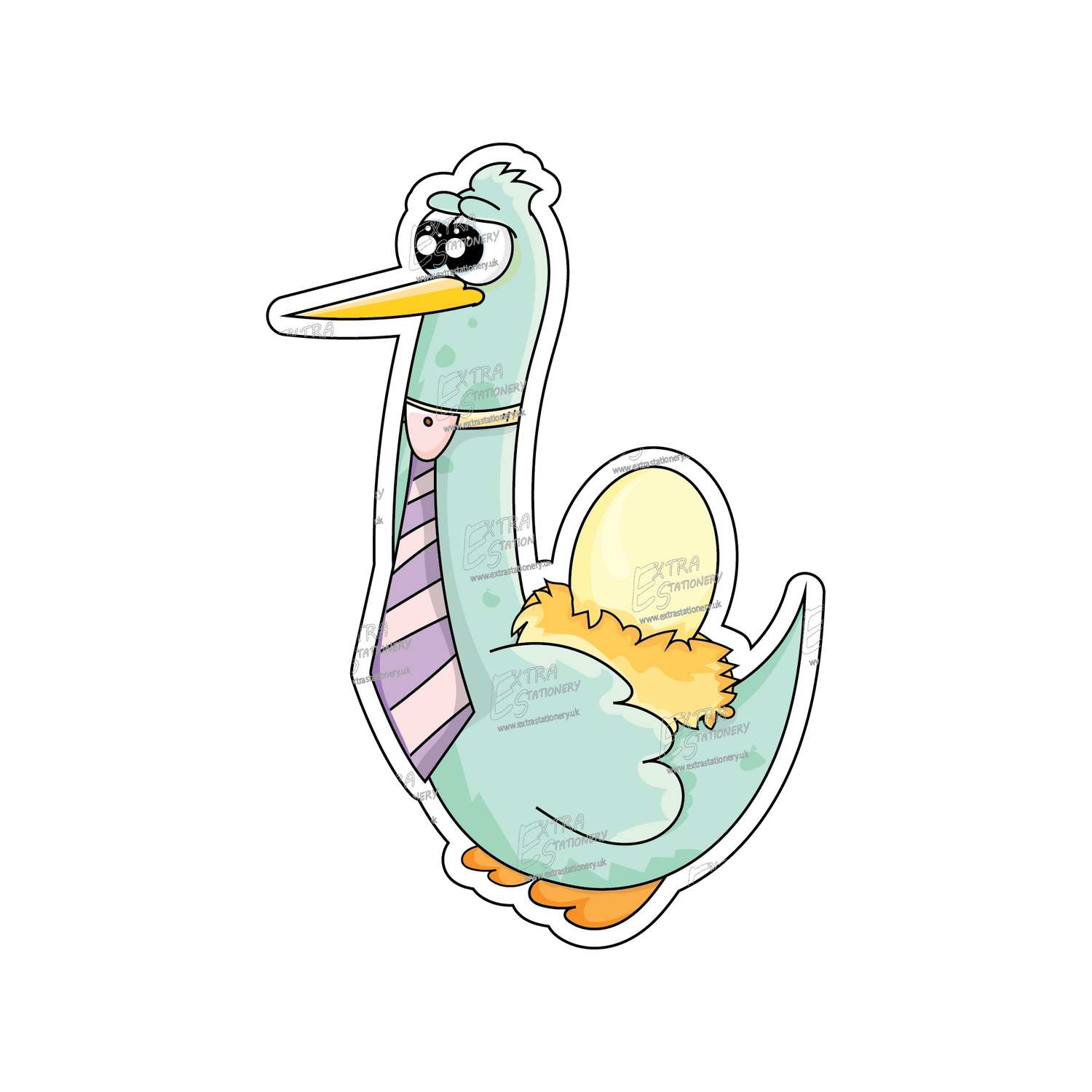 A sticker of a very proud bird dad with a tie, carrying his baby egg on his back in a nest, symbolizing love and dedication in parenting.