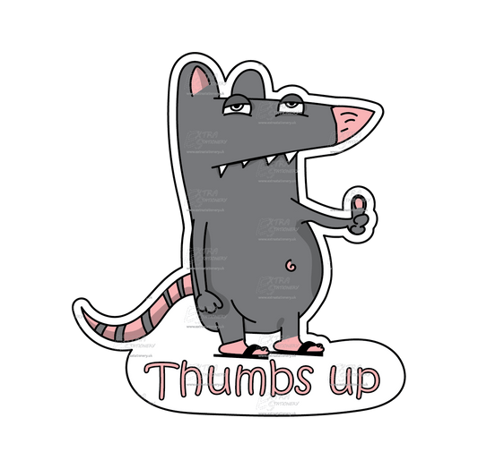 Sticker of a cute rat with a thumbs-up gesture and a big smile, surrounded by empty beer bottles, embodying a joyful and positive vibe