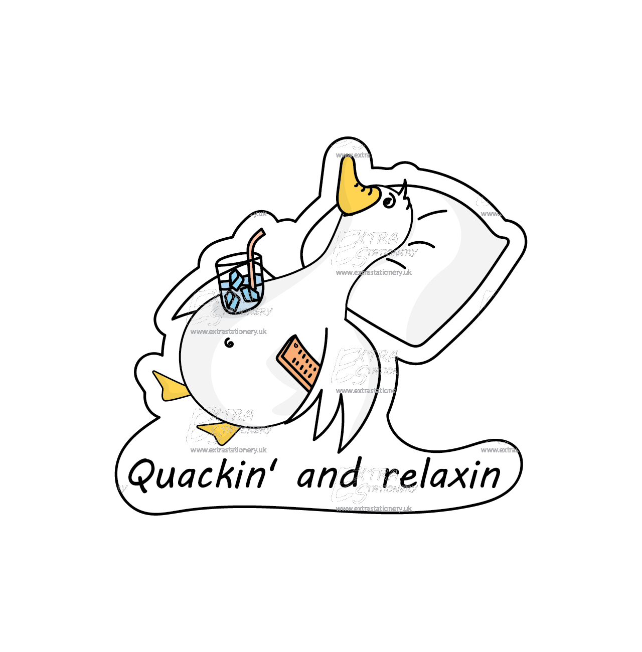 sticker of chilled-out duck with a pillow and a cold drink, embodying relaxation and leisure.