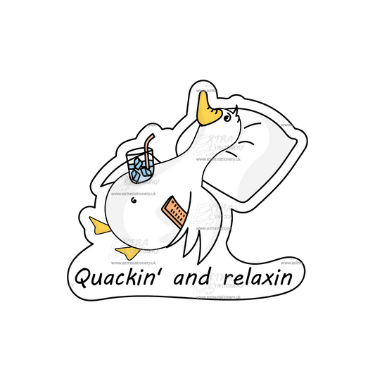 sticker of chilled-out duck with a pillow and a cold drink, embodying relaxation and leisure.