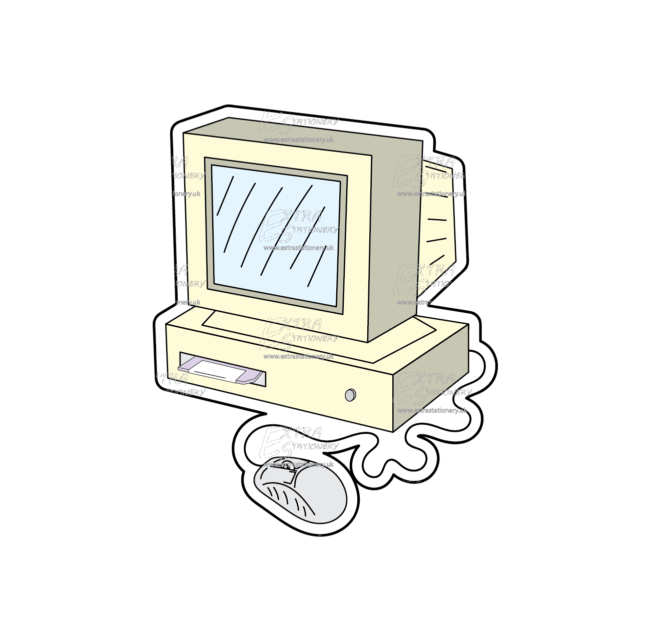 Sticker of an old school computer with floppy disk drives and a mouse featuring a scrolling ball, capturing retro tech allure