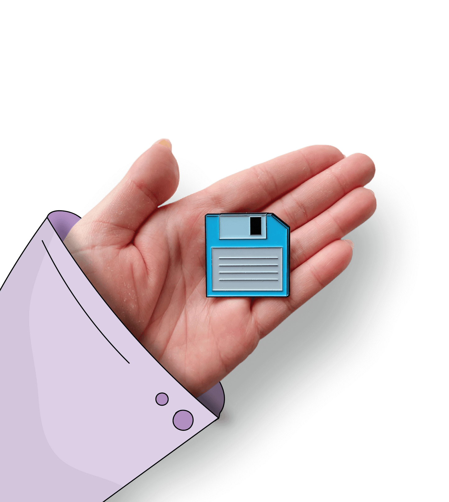 Retro Floppy Disk Enamel Pin - A nostalgic enamel pin featuring a vintage floppy disk with a smiling face, perfect for tech enthusiasts and lovers of retro accessories.