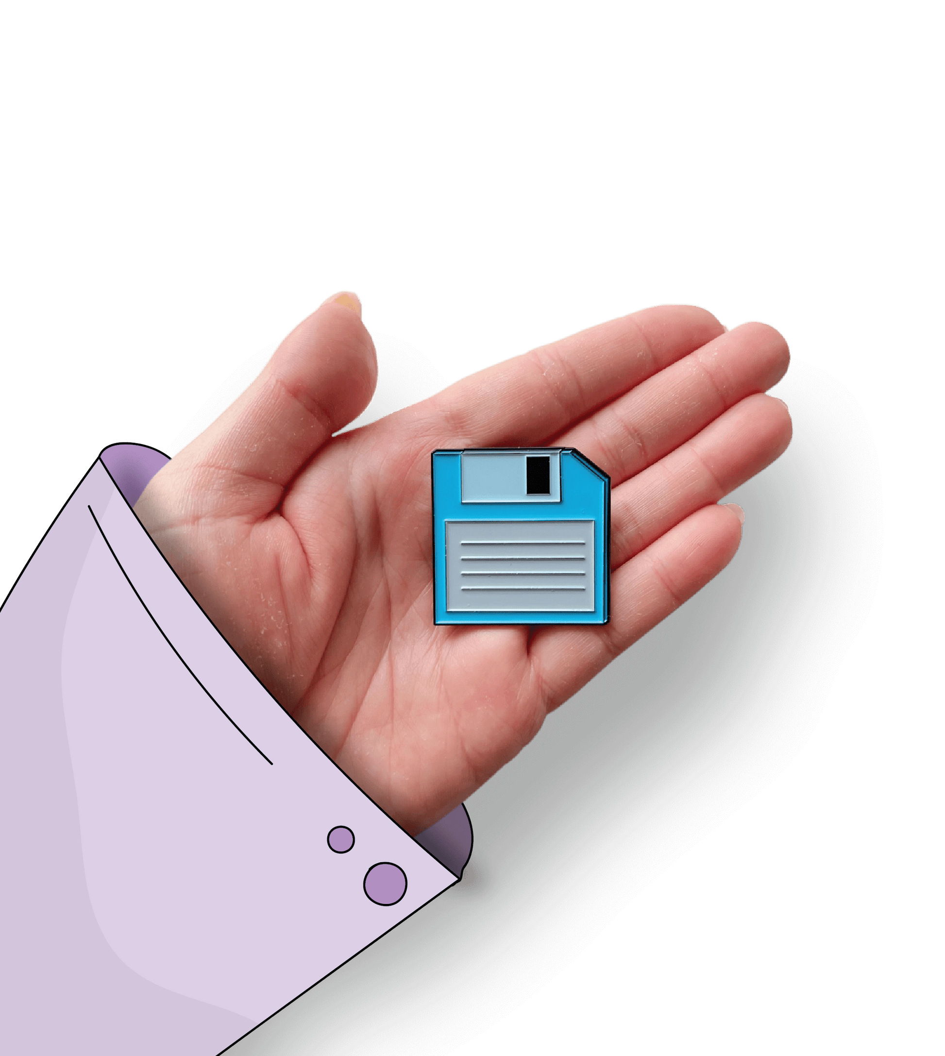 Retro Floppy Disk Enamel Pin - A nostalgic enamel pin featuring a vintage floppy disk with a smiling face, perfect for tech enthusiasts and lovers of retro accessories.