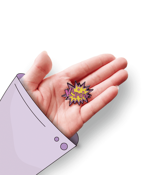 Retro 'KAPOW!!' Enamel Pin - A fun enamel pin featuring the word 'KAPOW!!' in retro-inspired lettering, perfect for fans of vintage comic book action and all things retro.