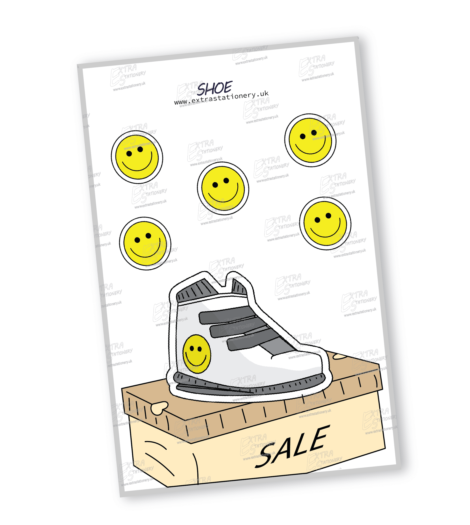 "Stylish shoes on sale, adorned with a smiley face sticker, embodying fashion and a touch of fun.