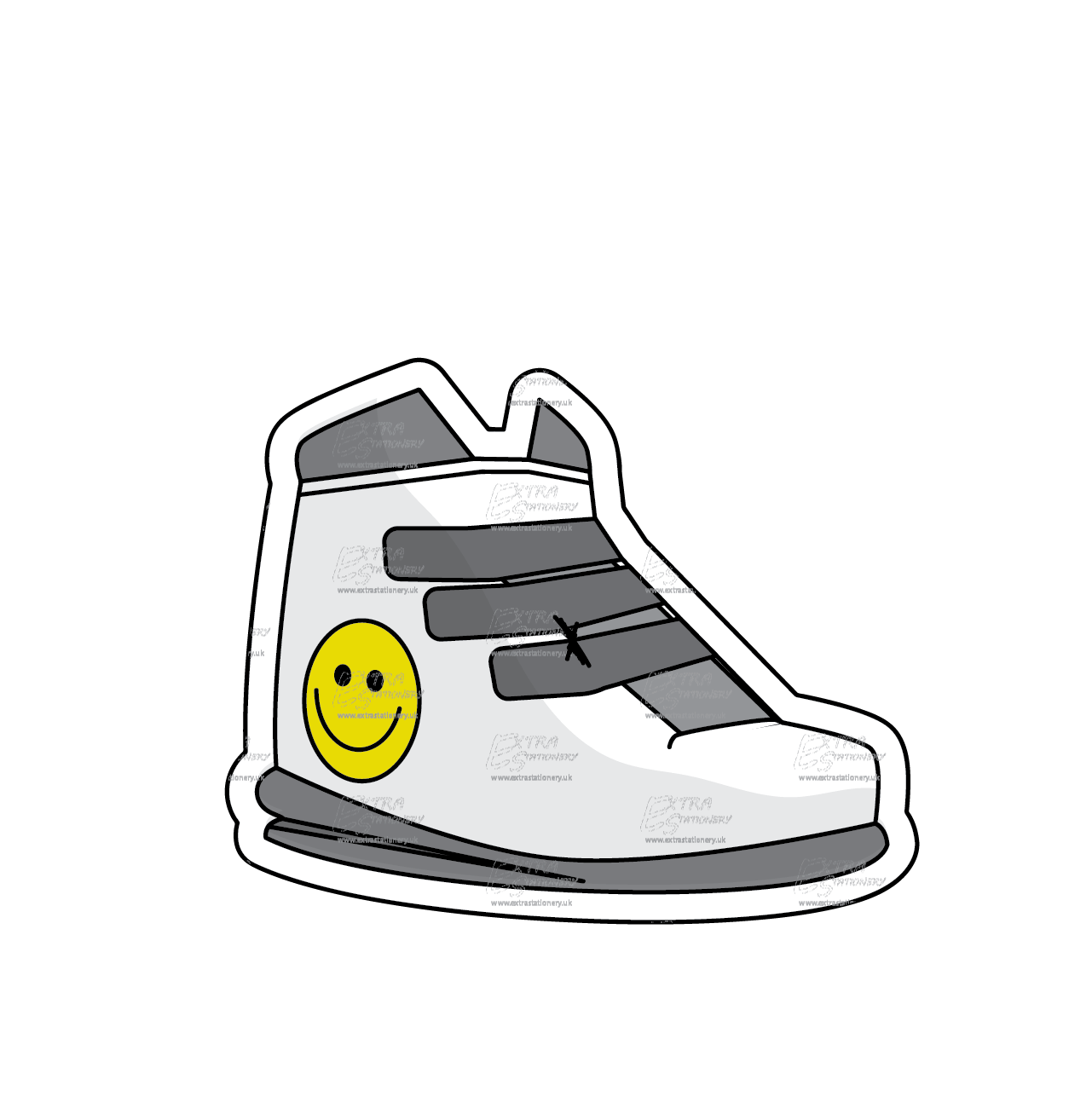 "Stylish shoes on sale, adorned with a smiley face sticker, embodying fashion and a touch of fun.