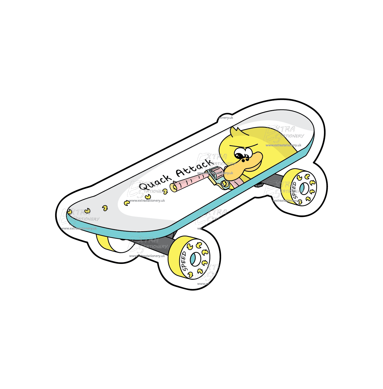 Skateboard with a humorous rubber duck illustration sticker, offering a 'quack attack' of fun.