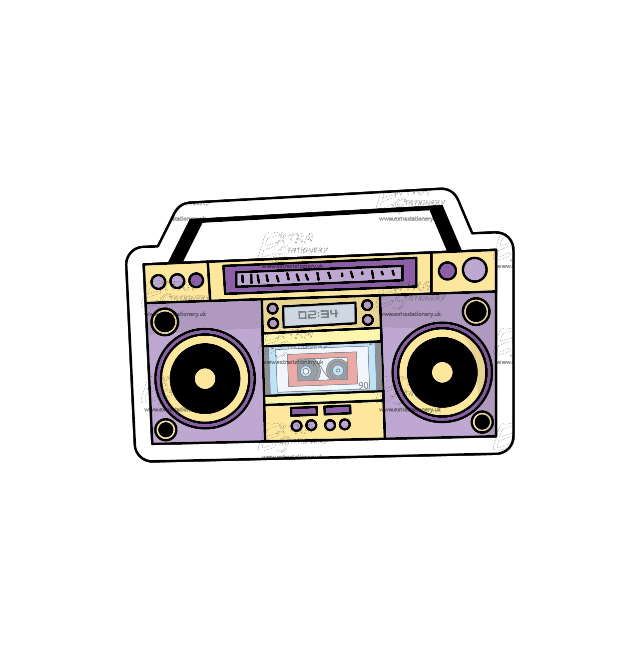 Vintage cassette tape player with cool colours sticker, radiating retro charm and lively fun.