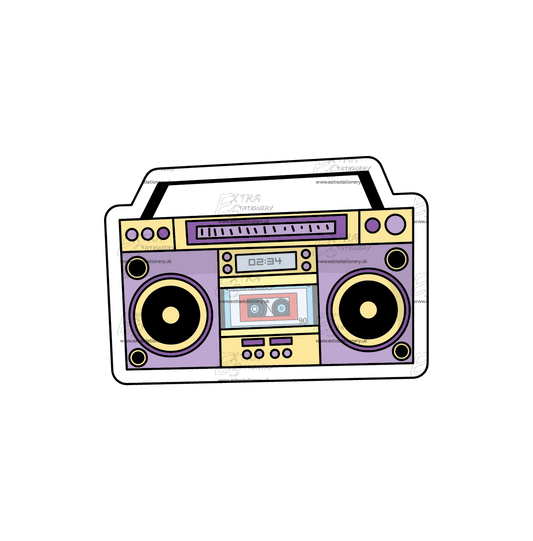 Vintage cassette tape player with cool colours sticker, radiating retro charm and lively fun.