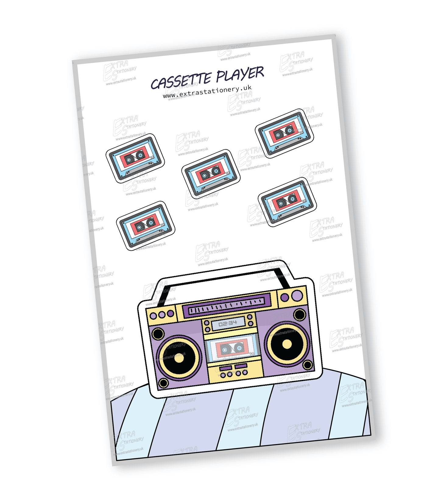 Vintage cassette tape player with cool colours sticker, radiating retro charm and lively fun.