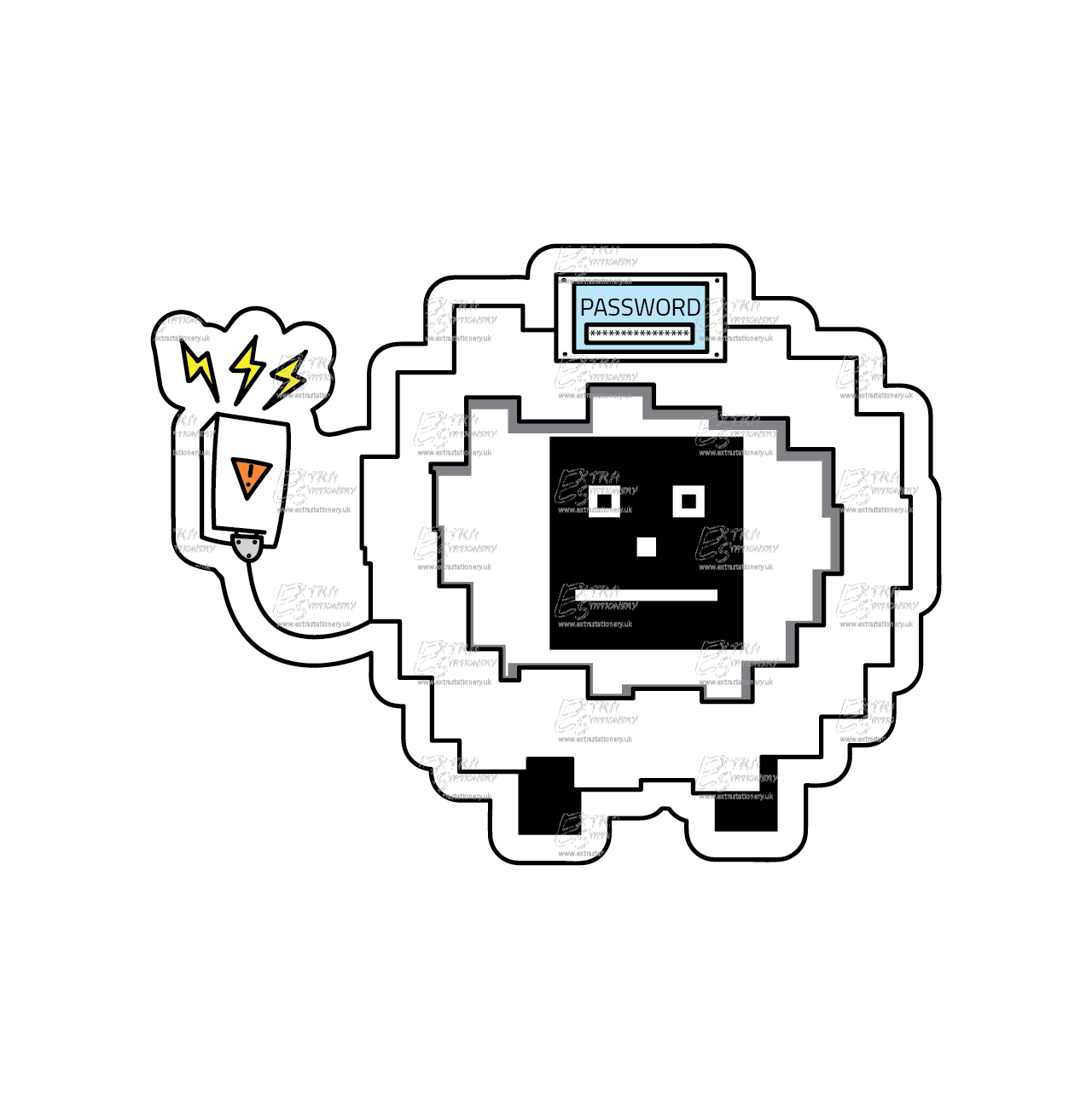 Futuristic robot sheep sticker with a mini computer and electrical plug, embodying a blend of technology and charm