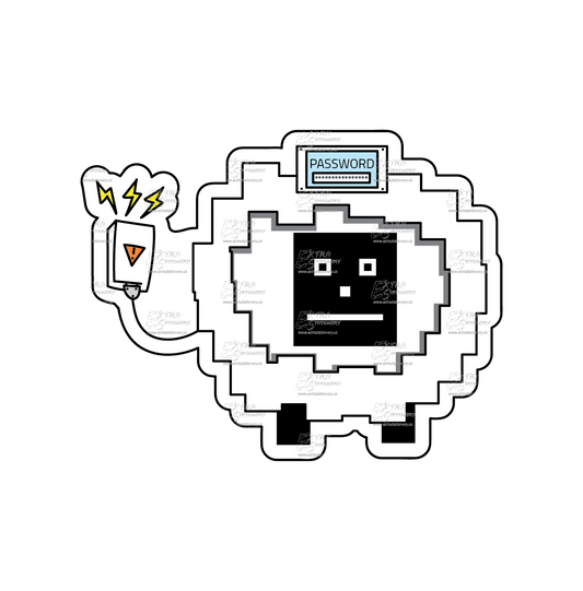 Futuristic robot sheep sticker with a mini computer and electrical plug, embodying a blend of technology and charm