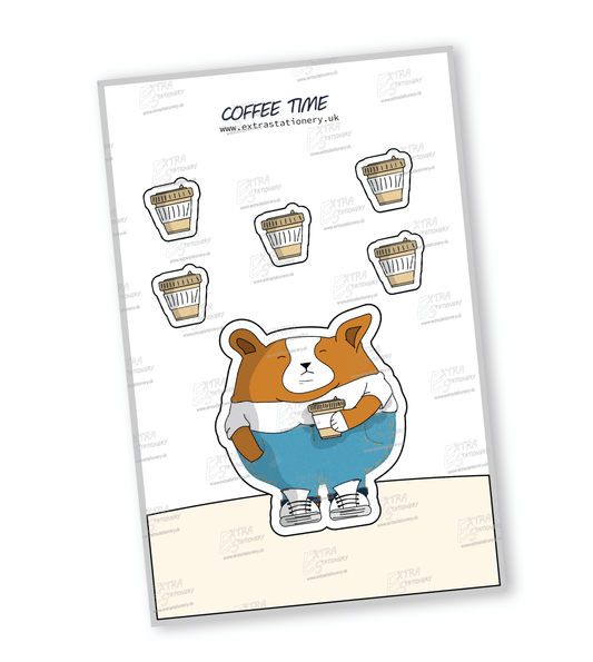 Sticker of a cute corgi puppy holding a cup of coffee, dressed in stylish blue jeans, white trainers, and a white t-shirt, embodying casual chic charm.