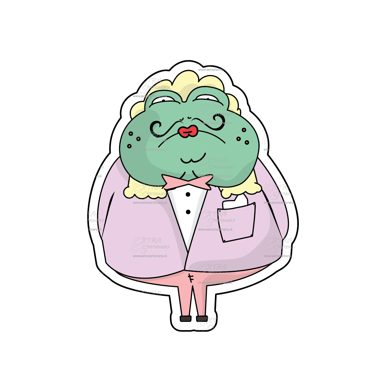 Stylish frog in a suit and bow tie, with a black mustacho sticker, redefining amphibian elegance.